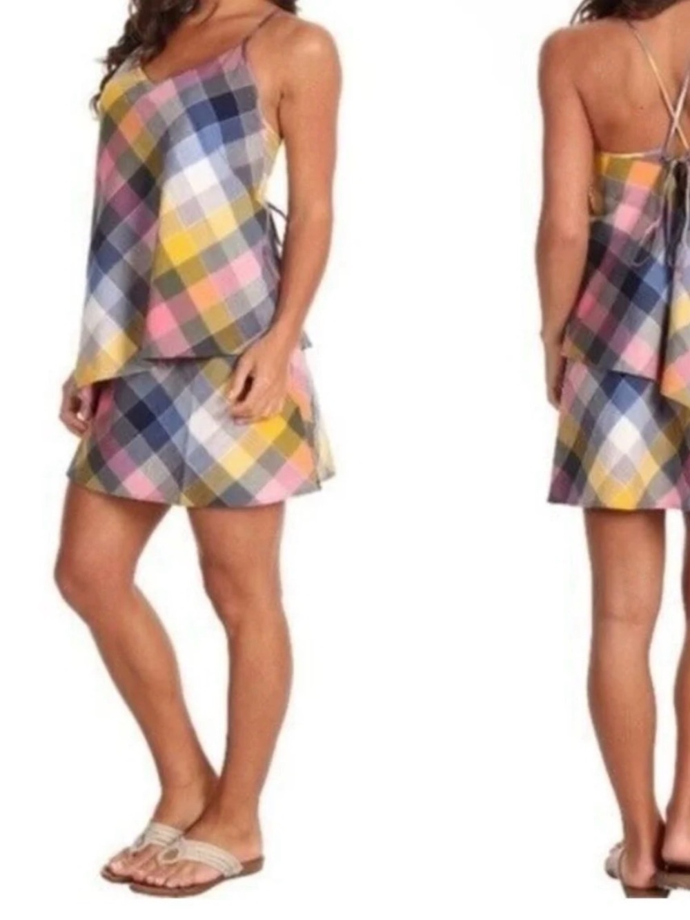 Patagonia | Layered Madras Plaid Dappled Spaghetti Strap V-Neck Mini Dress Sz 6